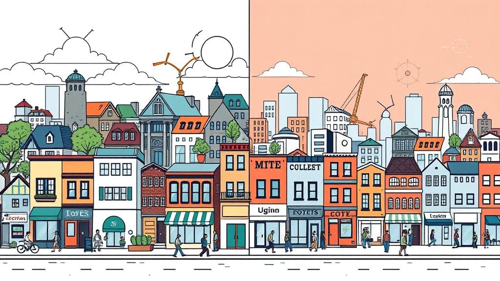 An illustration of the direct economic impact on citizens, showing a split view of a thriving city with affordable housing versus a city in decline with rising costs.