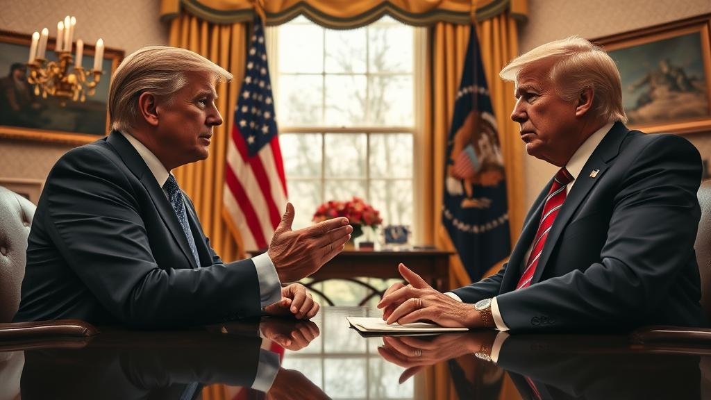 An image representing the high-stakes political meeting between the President and the Mayor-elect of New York City, set in the Oval Office, conveying tension and importance with symbols of federal and urban power.