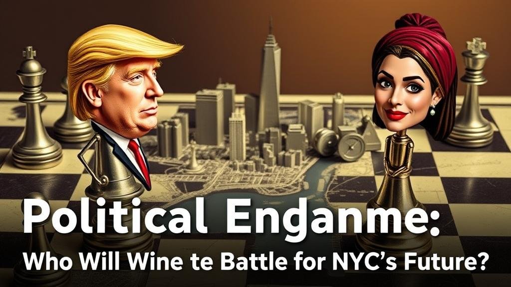 A concept image of a chess board with New York City as the board. One king is a caricature of Donald Trump, and the other is Zohran Mamdani. The headline asks: 'Political Endgame: Who Will Win the Battle for NYC's Future?'