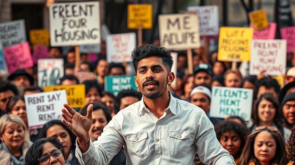 A powerful image of a charismatic, young politician, Zohran Mamdani, addressing a large, diverse crowd of New Yorkers with protest signs about rent and housing in the background.