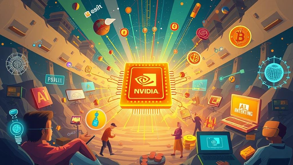 A vibrant illustration of the AI revolution as a futuristic gold rush, with a glowing Nvidia chip at the center powering multiple AI applications.