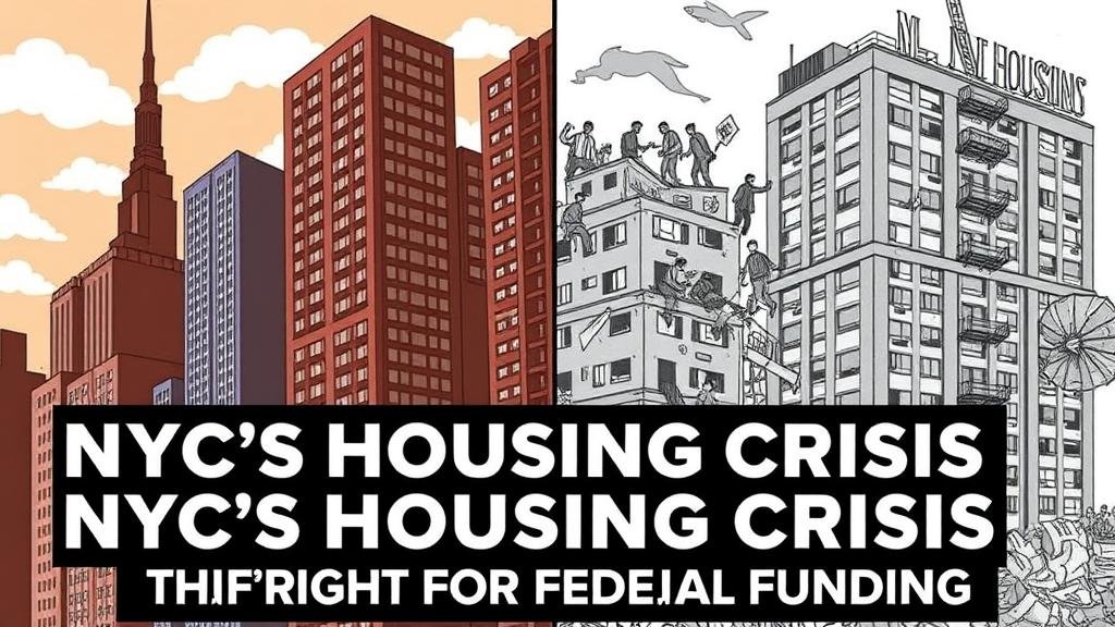 A graphic illustration showing the stark reality of NYC's housing crisis. One half depicts luxury high-rises, while the other shows families being evicted and crumbling public housing. Text overlay reads: 'NYC's Housing Crisis: The Fight for Federal Funding.'