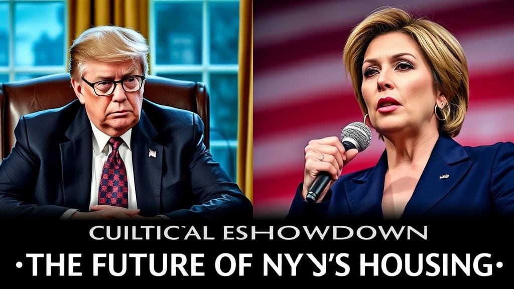 A dramatic split-screen image. On one side, a populist real estate mogul in the Oval Office. On the other side, a determined democratic socialist mayor-elect. The headline reads: 'Political Showdown: The Future of NYC's Housing.'