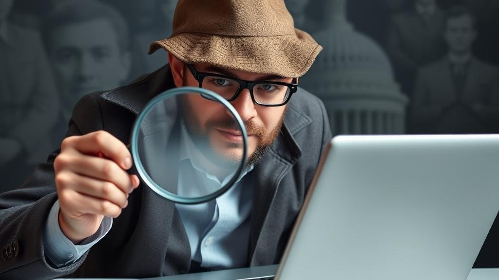 A determined political commentator, detective-style, embarking on a digital quest for information, with a magnifying glass over a laptop screen displaying search bars and political symbols.