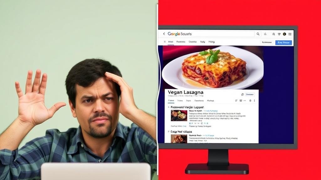 A split-panel image showing a frustrated researcher on one side, and a screen displaying a recipe for vegan lasagna on the other, symbolizing the irrelevant search results in their quest for political information.