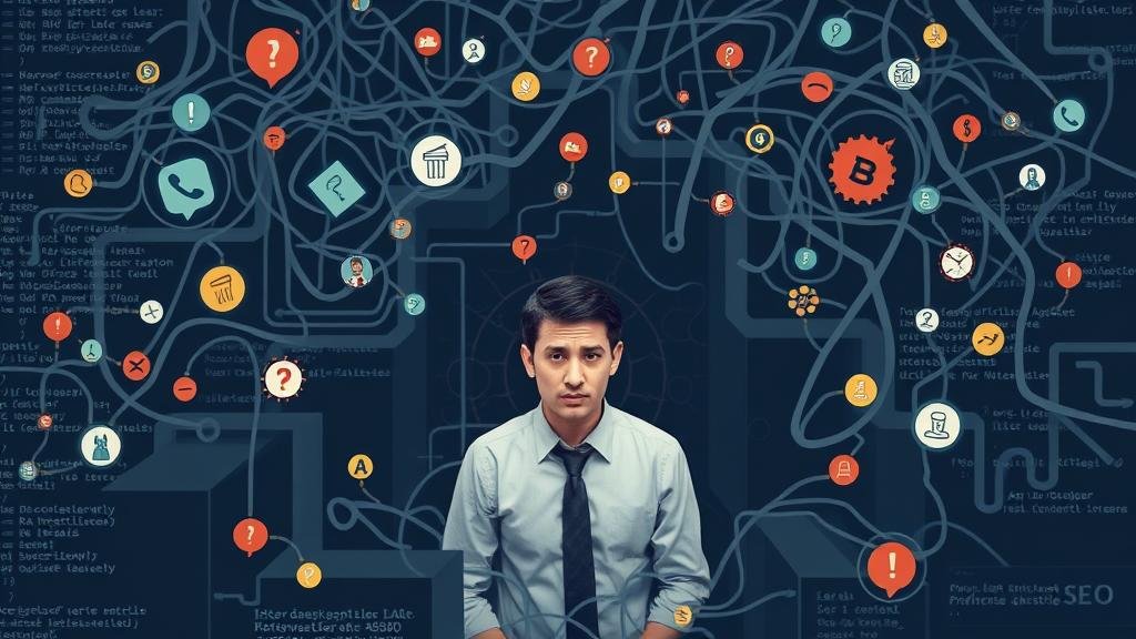 A visual representation of a 'political SEO strategy' as a complex, frustrating maze. In the center, a person representing the author is seen looking defeated, surrounded by tangled lines of code and irrelevant symbols, depicting their failed attempt at off-page SEO and link building.