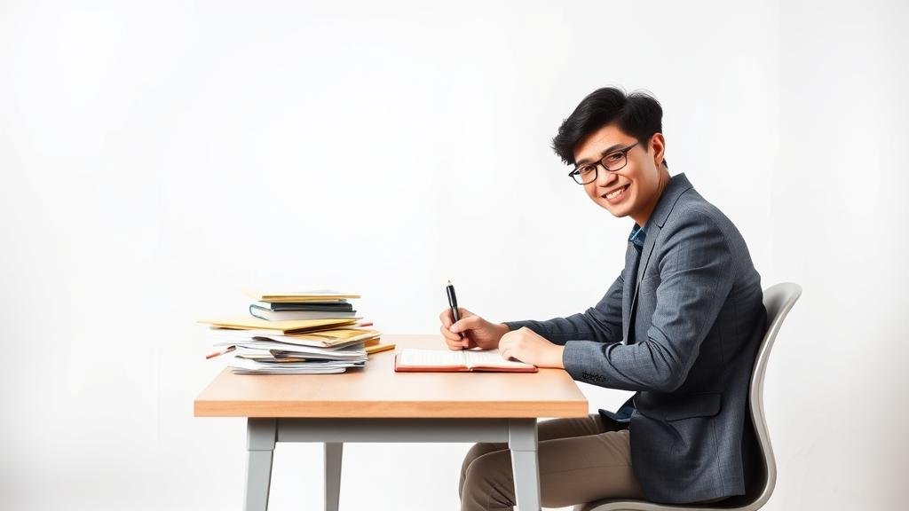 The writer, initially frustrated, now sits at a clean desk with a fresh notepad, smiling and ready for a new topic. The background, once cluttered with political research, is now a clean slate, symbolizing a fresh start and readiness for a new challenge.