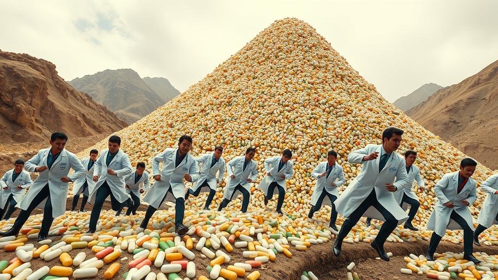 An image of a 'gold rush' scene, but instead of gold, pharmaceutical scientists in lab coats are racing to a mountain made of pills, symbolizing the intense competition in the weight-loss drug market.