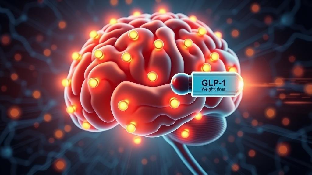A stylized, futuristic illustration of a brain with glowing receptors being activated by a molecule representing a GLP-1 drug, creating a sense of 'unlocking' weight loss.