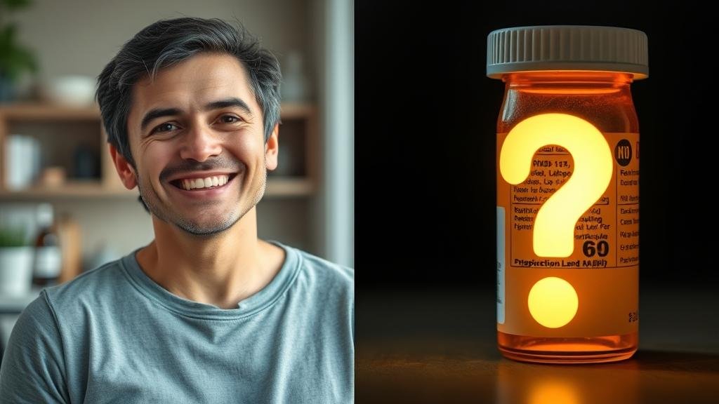 A split image: on one side, a person looking healthy and happy, on the other side, a large, glowing question mark over a prescription bottle, representing the unknown long-term effects and costs.
