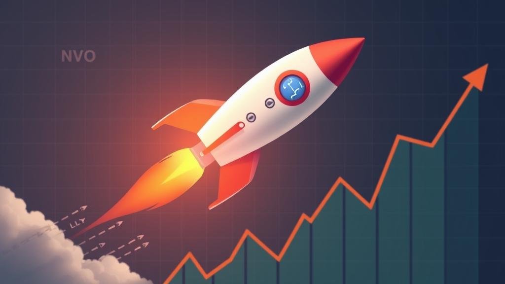 A dramatic, dynamic stock chart with a rocket ship taking off, with the ticker symbols for Eli Lilly (LLY) and Novo Nordisk (NVO) prominently displayed, set against a backdrop of a soaring graph.