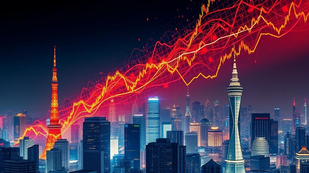 Digital art piece showing a financial shockwave energizing Asian markets, with the skylines of Tokyo, Seoul, and Taipei illuminated and stock graphs soaring.