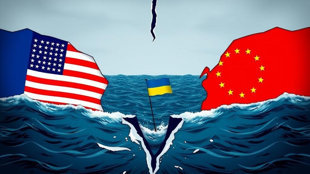 United States and European Union flags depicted as landmasses separated by a growing crack, representing the diplomatic rift in the transatlantic alliance.