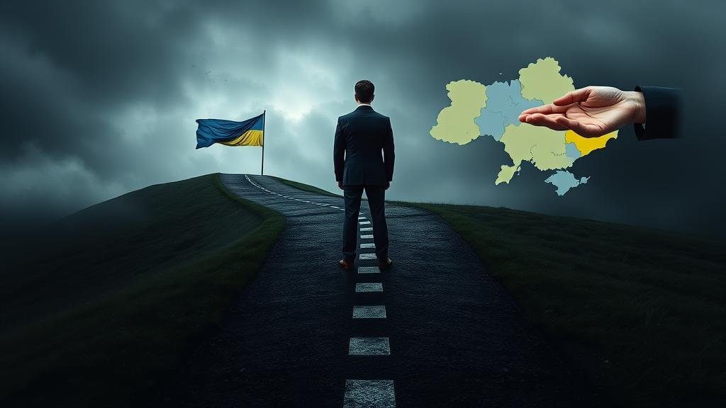 President Zelenskyy at a misty crossroads, choosing between a path of sovereignty and a path of aid tied to territorial concessions.