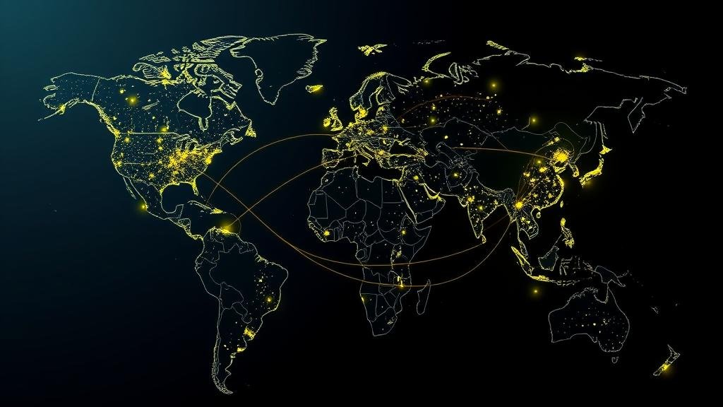 An image of a world map with interconnected, glowing nodes of light spreading from North America to Asia, highlighting the ripple effect of Nvidia's success on global markets.
