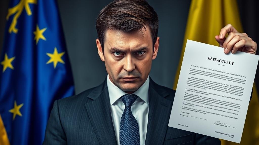 A dramatic and tense image of a Thanksgiving dinner table. Instead of a turkey, a map of Ukraine is being carved up, symbolizing the peace plan's territorial concessions.