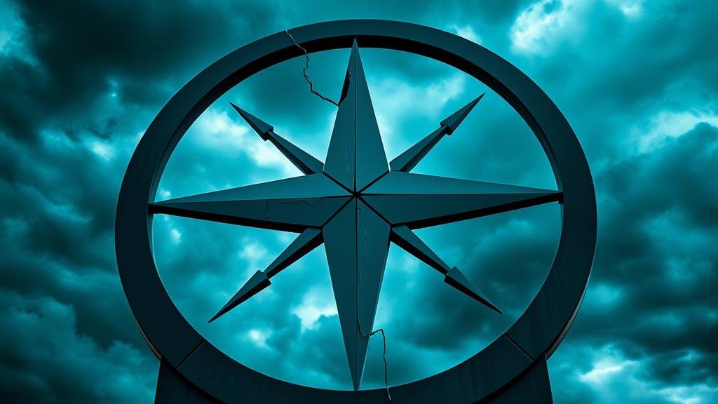 A visual metaphor of the NATO alliance under threat, with cracks appearing on the NATO symbol under a stormy sky, representing geopolitical instability.