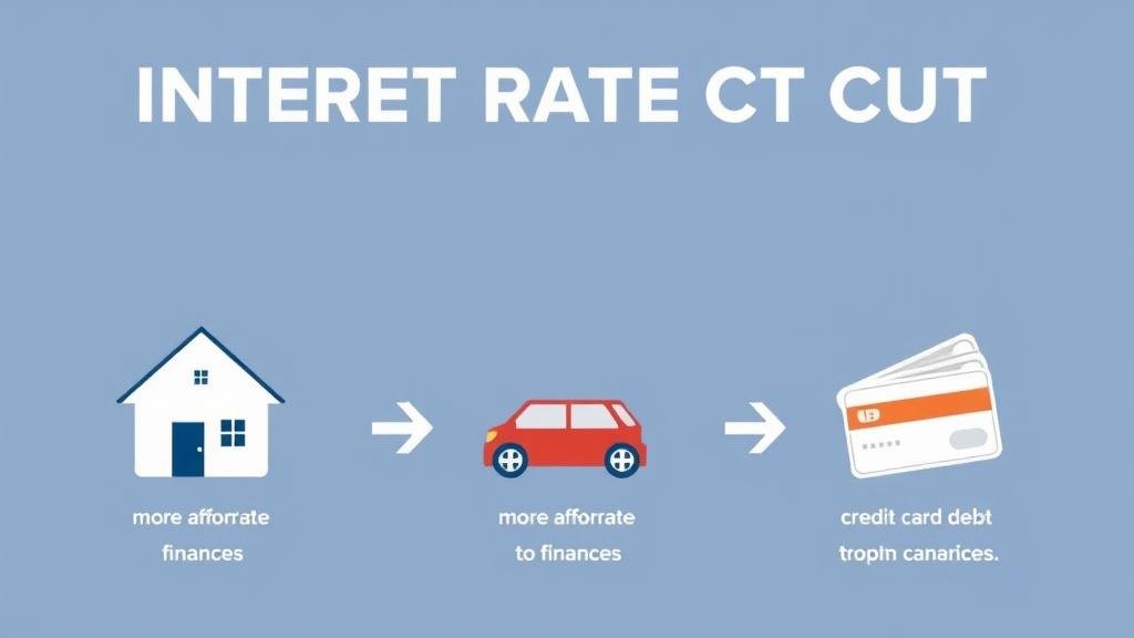 An illustration showing the positive effects of an interest rate cut on personal finances, with symbols for more affordable homes, cars, and credit card debt.