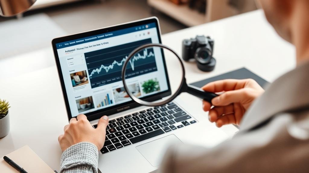 A person using a magnifying glass to examine a financial chart on a laptop, symbolizing proactive financial planning.