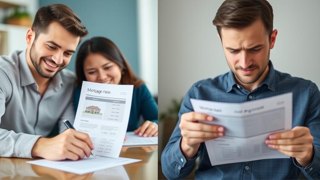 Split image contrasting a happy homeowner with a low mortgage rate against a concerned saver with a low-yield savings account.