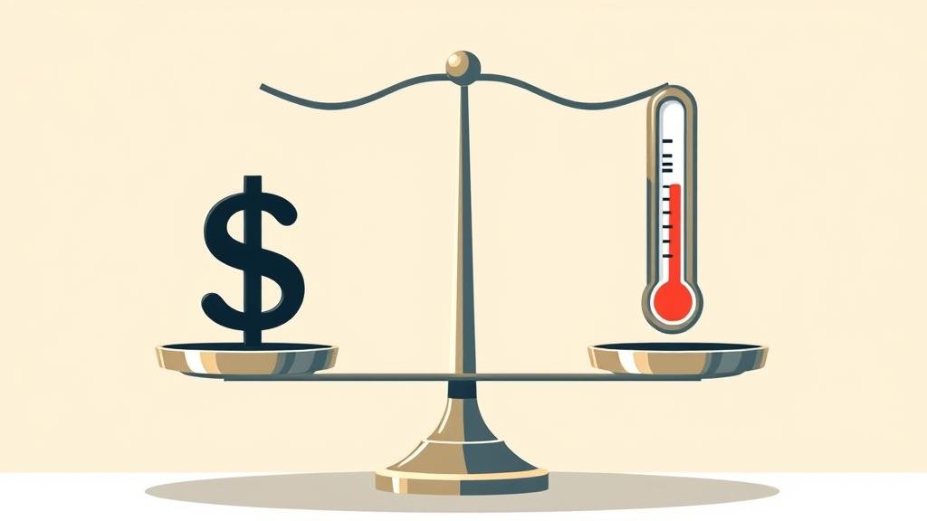 A balancing scale with a dollar sign for the economy on one side and a thermometer for inflation on the other, symbolizing the Fed's goal of a balanced economy.