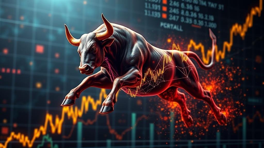 A dynamic stock market chart with a bull aggressively charging upwards, intertwined with glowing threads of artificial intelligence networks, representing the surge in tech stocks.