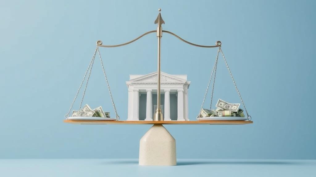 A visual metaphor of the Federal Reserve's delicate balancing act, weighing the risks of inflation against the dangers of a recession to achieve a 'soft landing' for the economy.