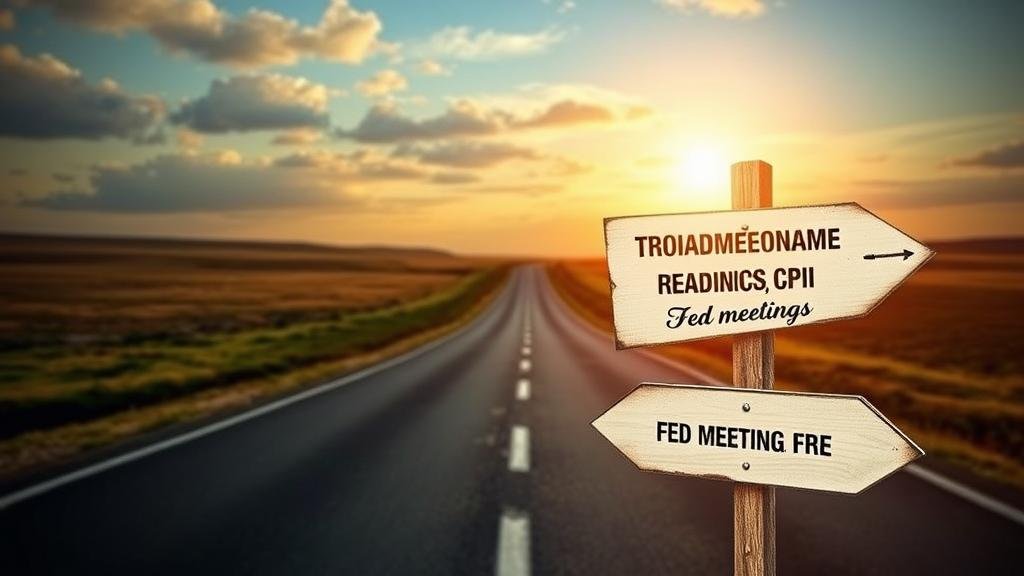A forward-looking image symbolizing the road ahead, with signposts pointing towards key economic indicators like the Consumer Price Index (CPI) and upcoming Fed meetings that will shape future financial landscapes.