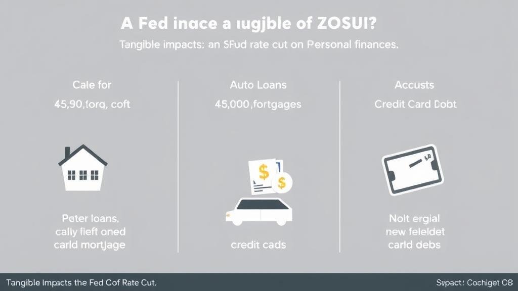 A clear depiction of the tangible impacts of a Fed rate cut on personal finances, showing relief for mortgages, auto loans, and credit card debt.