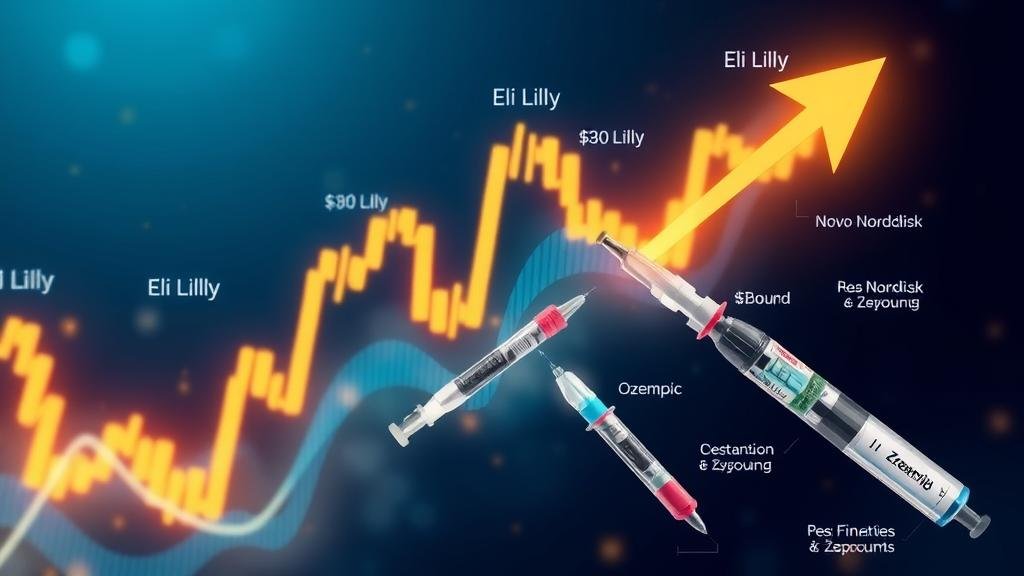 A dynamic image of a soaring stock chart with glowing ticker symbols for Eli Lilly ($LLY) and Novo Nordisk ($NVO), intertwined with illustrative depictions of popular weight loss injection pens like Ozempic and Zepbound, symbolizing a financial and healthcare blockbuster.