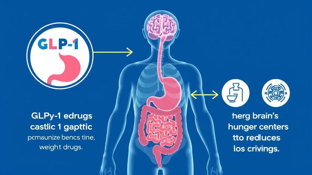 An infographic-style illustration of the human body, highlighting the brain and digestive system. Arrows and icons should clearly depict the mechanism of GLP-1 drugs: slowing gastric emptying and targeting the brain’s hunger centers to reduce cravings, visualizing the science behind the weight loss.