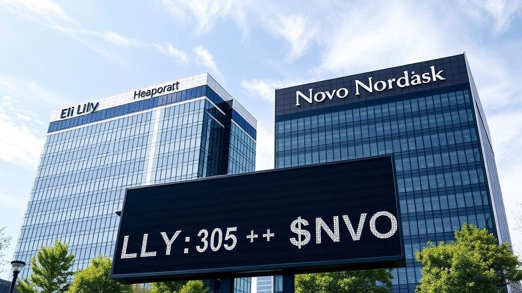 A triumphant image showing the headquarters of Eli Lilly and Novo Nordisk side-by-side. In the foreground, a stock market board prominently displays their ticker symbols ($LLY and $NVO) with a dramatic 40%+ increase, representing their massive financial gains and market dominance.