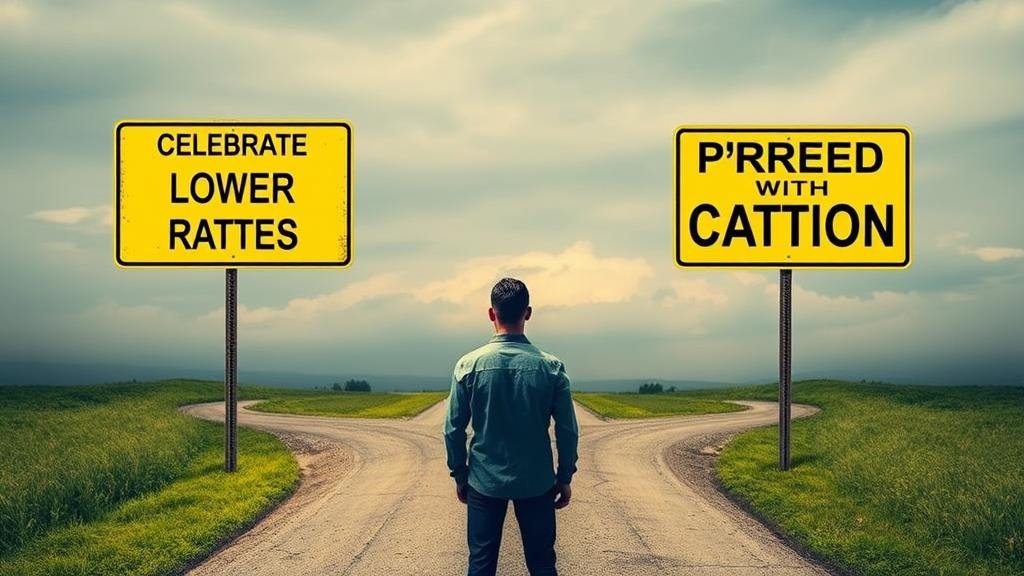 A split-screen image: on one side, a person joyfully looking at lower interest rates for mortgages, auto loans, and credit cards. On the other side, a sad savings account or CD with decreasing returns, illustrating the dual impact of rate cuts.