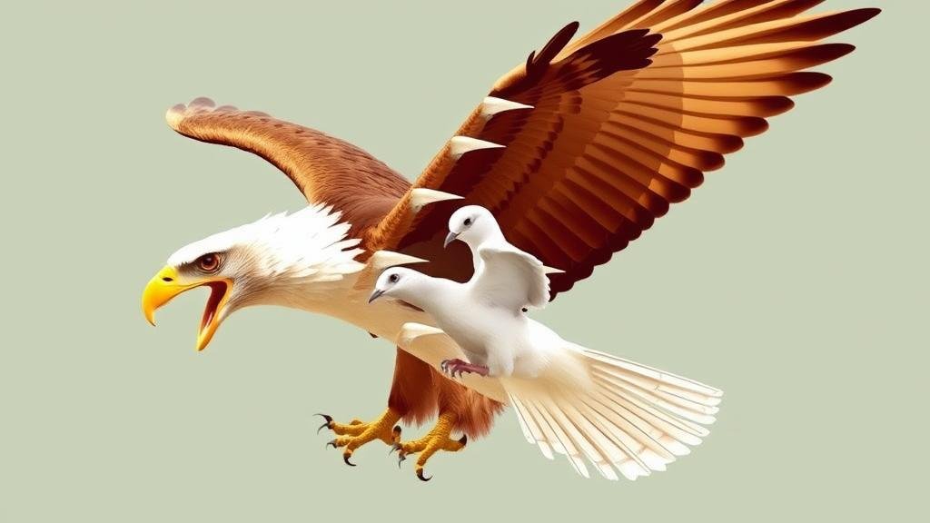 A fierce hawk transforming into a gentle dove, to represent the Federal Reserve's policy changing from 'hawkish' (aggressive) to 'dovish' (lenient).