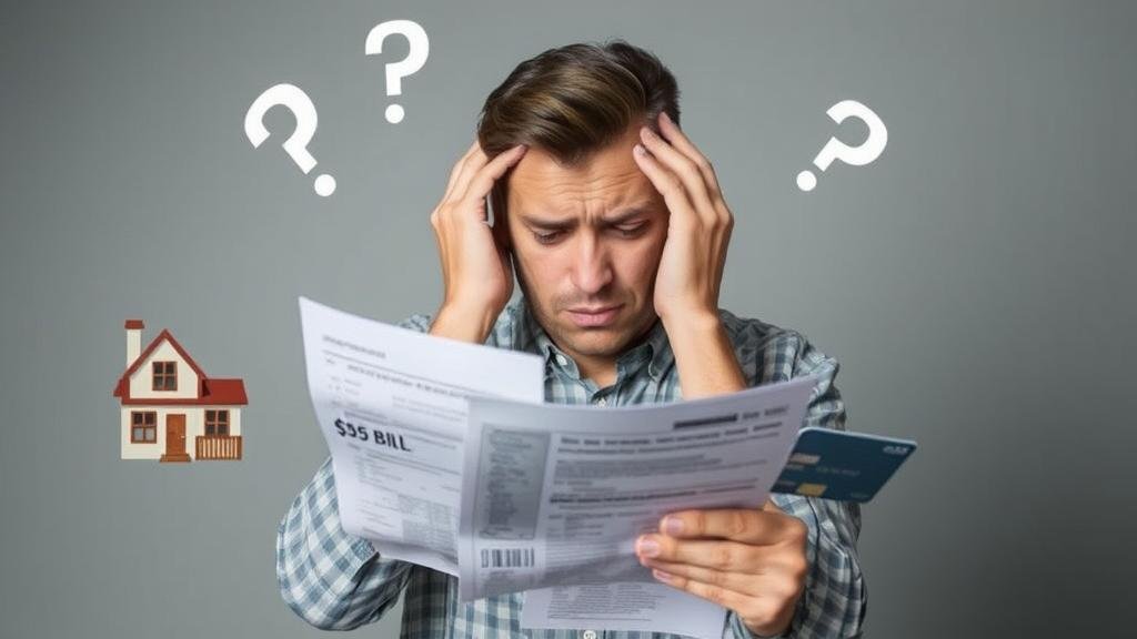 A frustrated-looking person looking at their bills including mortgage, car loan, and credit card statements.