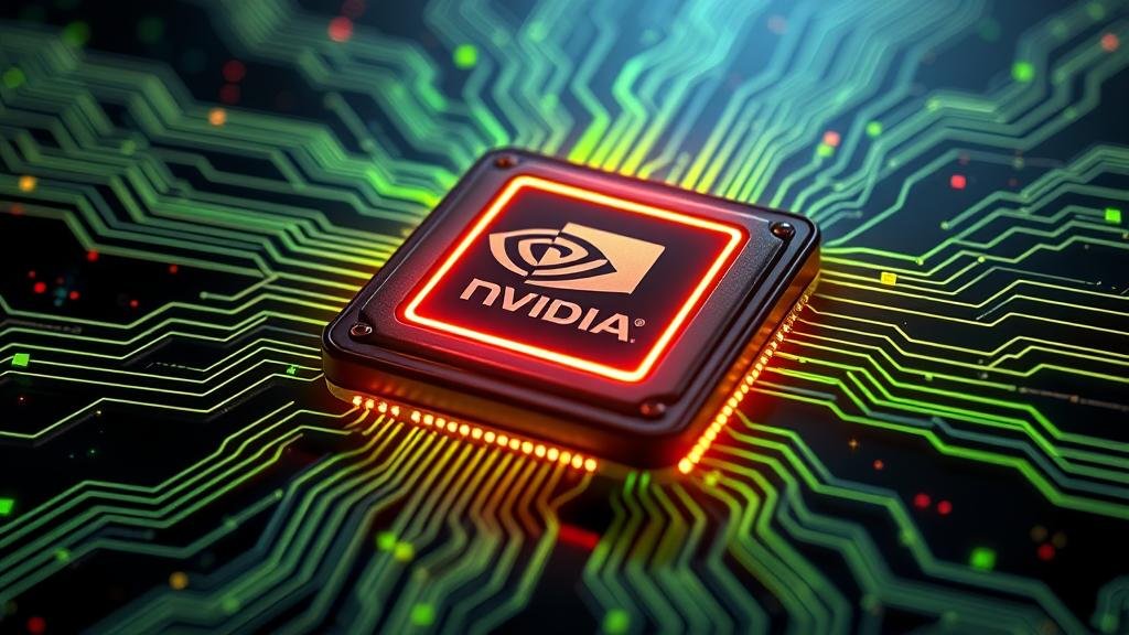 A futuristic image of a glowing Nvidia GPU chip with digital waves rippling outwards, symbolizing its impact on the global AI landscape.