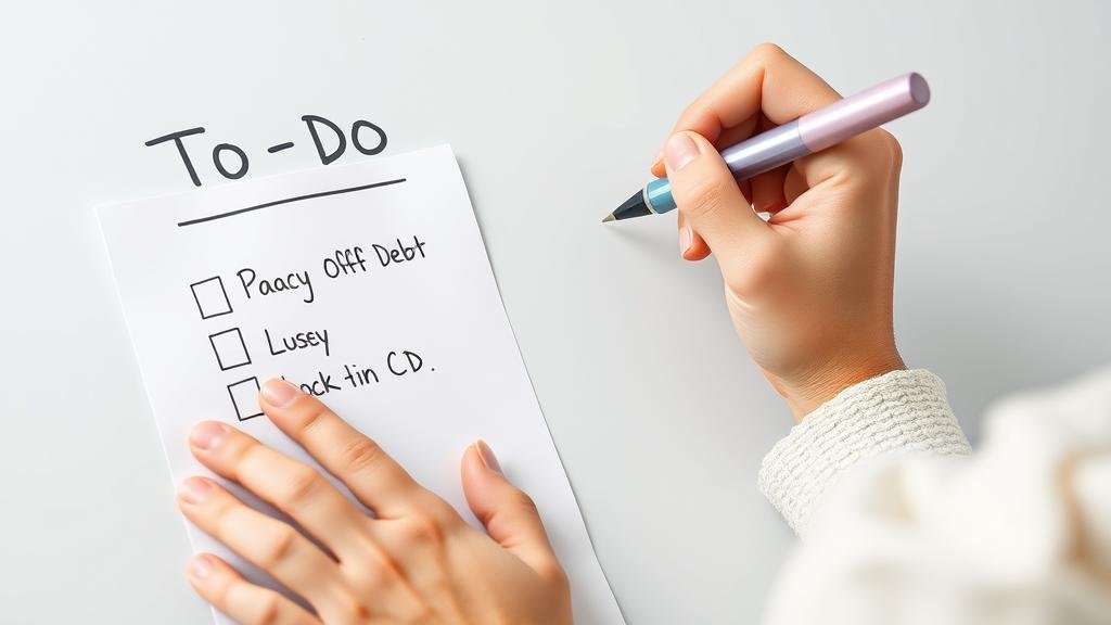 A person creating a to-do list with items like 'Pay Off Debt' and 'Lock in CD'.