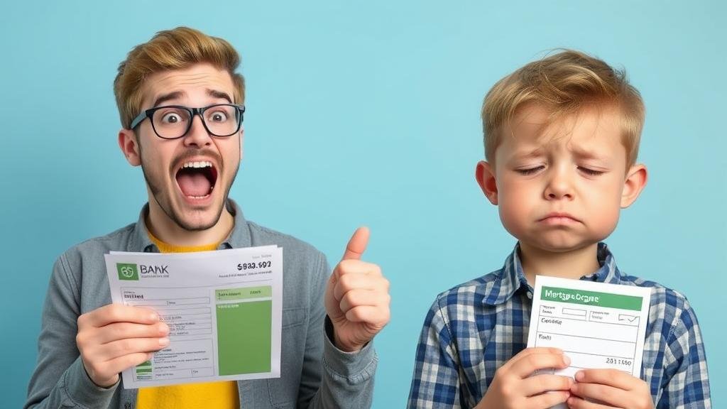 An excited person looking at their mortgage application, contrasted with a sad-looking person looking at their low-interest savings statement.