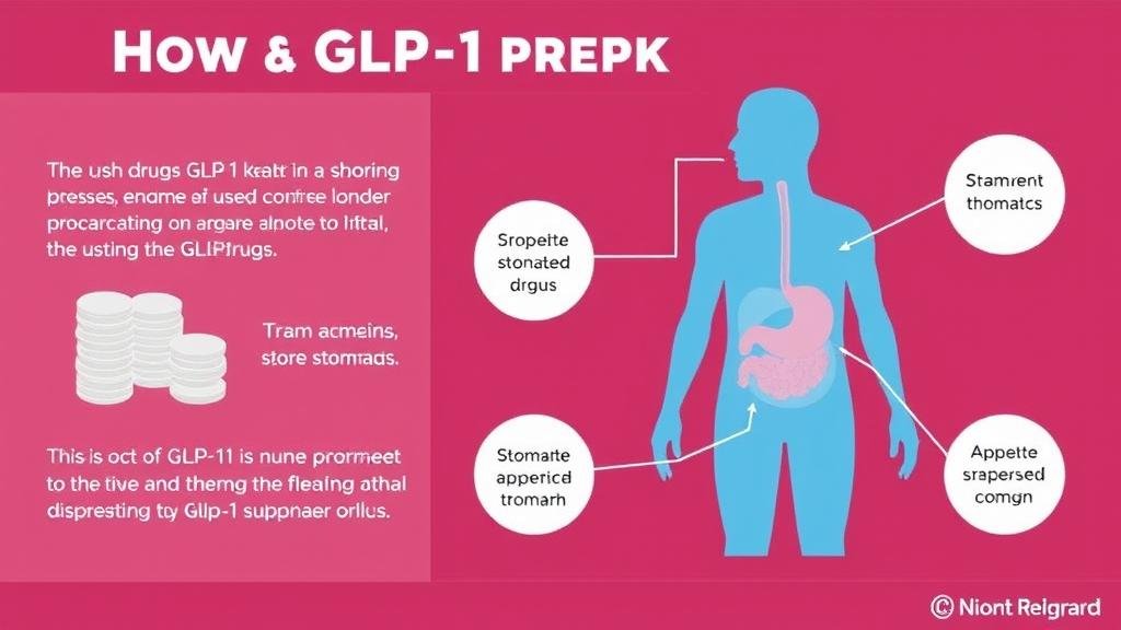 An infographic-style illustration explaining how GLP-1 drugs work, showing a simplified diagram of the human body with a focus on the brain and stomach, indicating appetite suppression.