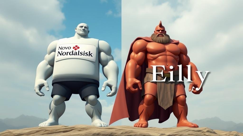 A visual metaphor of the two leading pharmaceutical companies, Novo Nordisk and Eli Lilly, depicted as two giants or dueling titans, symbolizing their market dominance in the weight-loss drug sector.