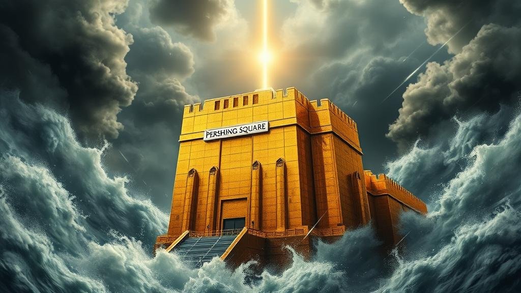 A golden fortress labeled 'Pershing Square' representing permanent capital, standing strong against a swirling, stormy market.