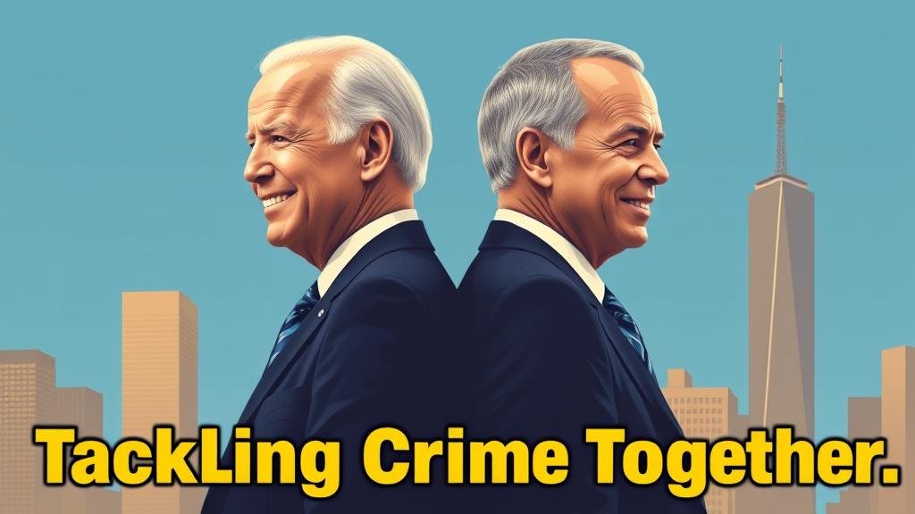 A stylized image of President Joe Biden and NYC Mayor Eric Adams back-to-back, depicted as partners in a classic buddy-cop movie poster.