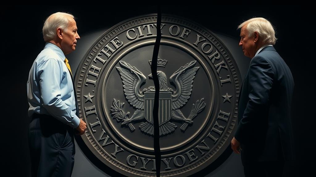 A dramatic image of President Biden and Mayor Adams standing on opposite sides of a cracked seal of the City of New York, signifying their political disagreement.