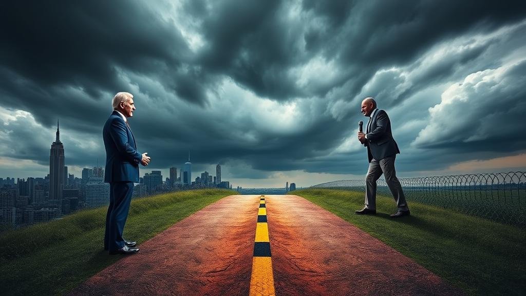 An image of a crossroads, with one path showing a handshake and reconciliation and the other a stormy path of political battle, symbolizing the uncertain future of the Biden-Adams relationship.