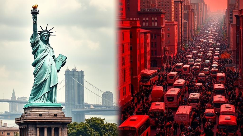 A split image showing the Statue of Liberty with a 'Welcome' sign on one side and a strained, overflowing New York City on the other, symbolizing the overwhelming migrant crisis.