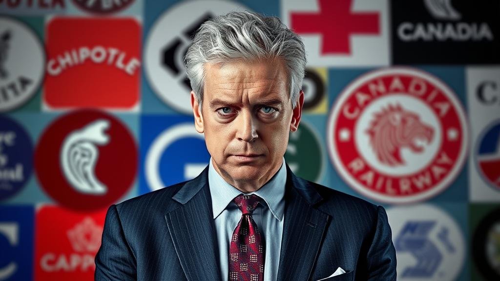 A powerful and confident portrait of a visionary activist investor, Bill Ackman, in front of a backdrop of corporate logos.