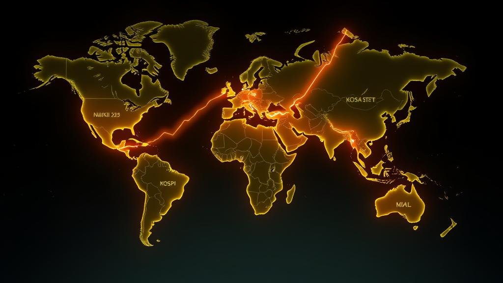 An illustration of a world map with glowing lines connecting major stock markets (e.g., Nikkei 225, KOSPI, Wall Street), all showing a significant upward trend, representing the global market rally sparked by Nvidia's earnings.