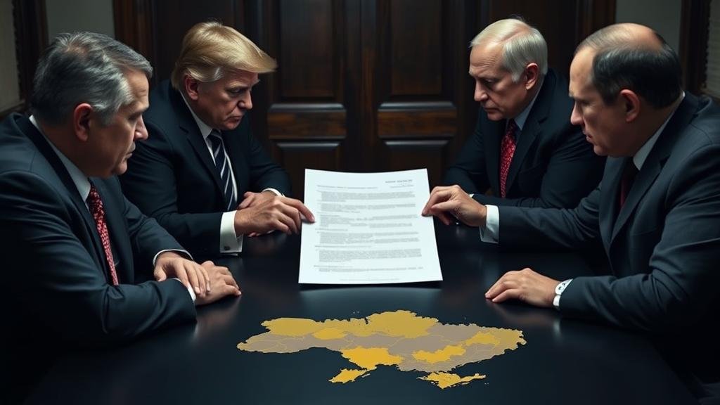 A tense, secret meeting between American and Russian diplomats, exchanging a document over a dark table, with a map of Ukraine visible, representing the controversial peace plan.