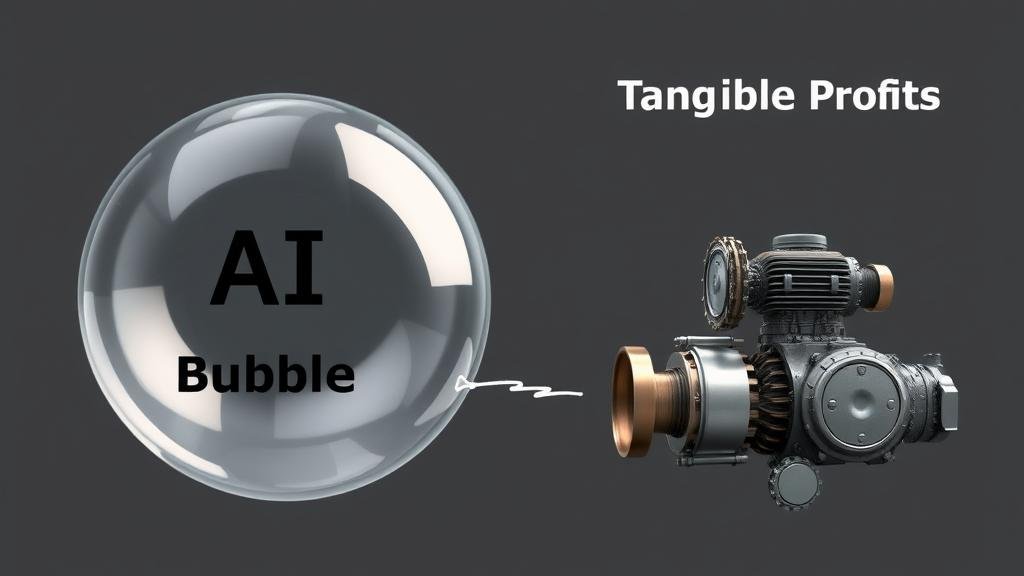 A visual metaphor contrasting a fragile, popping soap bubble labeled 'AI Bubble' with a solid, powerful engine labeled 'Tangible Profits,' representing the strong financial foundation of the current AI boom.