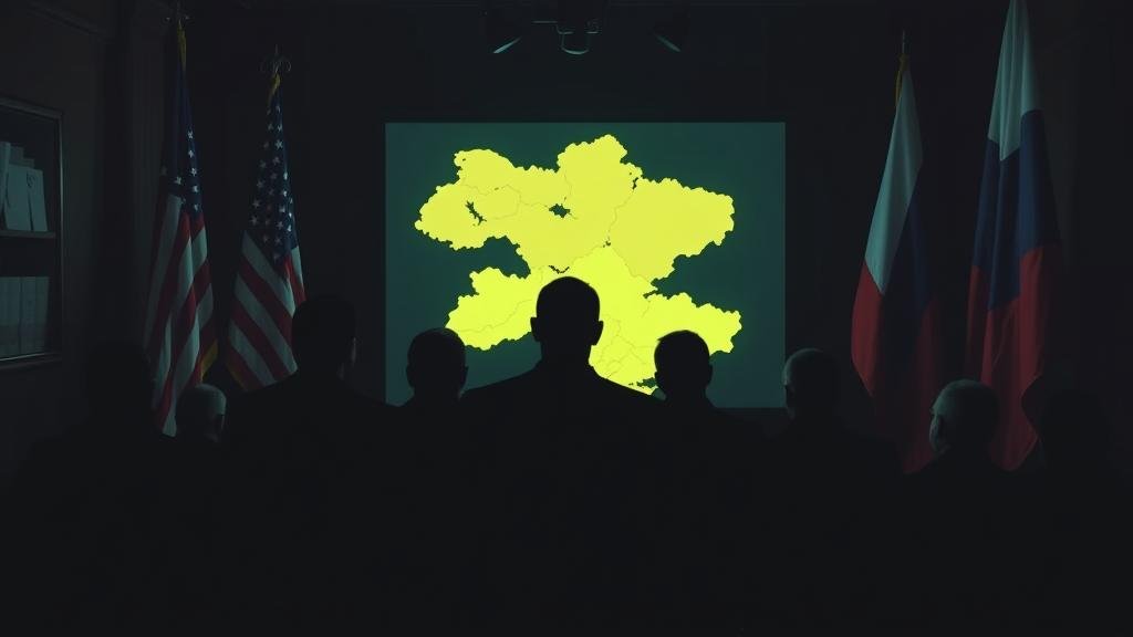 A clandestine meeting between American and Russian diplomats, symbolized by their flags, taking place in a dimly lit, secretive room.